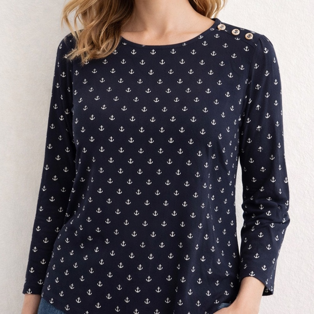 J. Crew 100% Silk Navy Nautical Long Sleeve Blouse 0